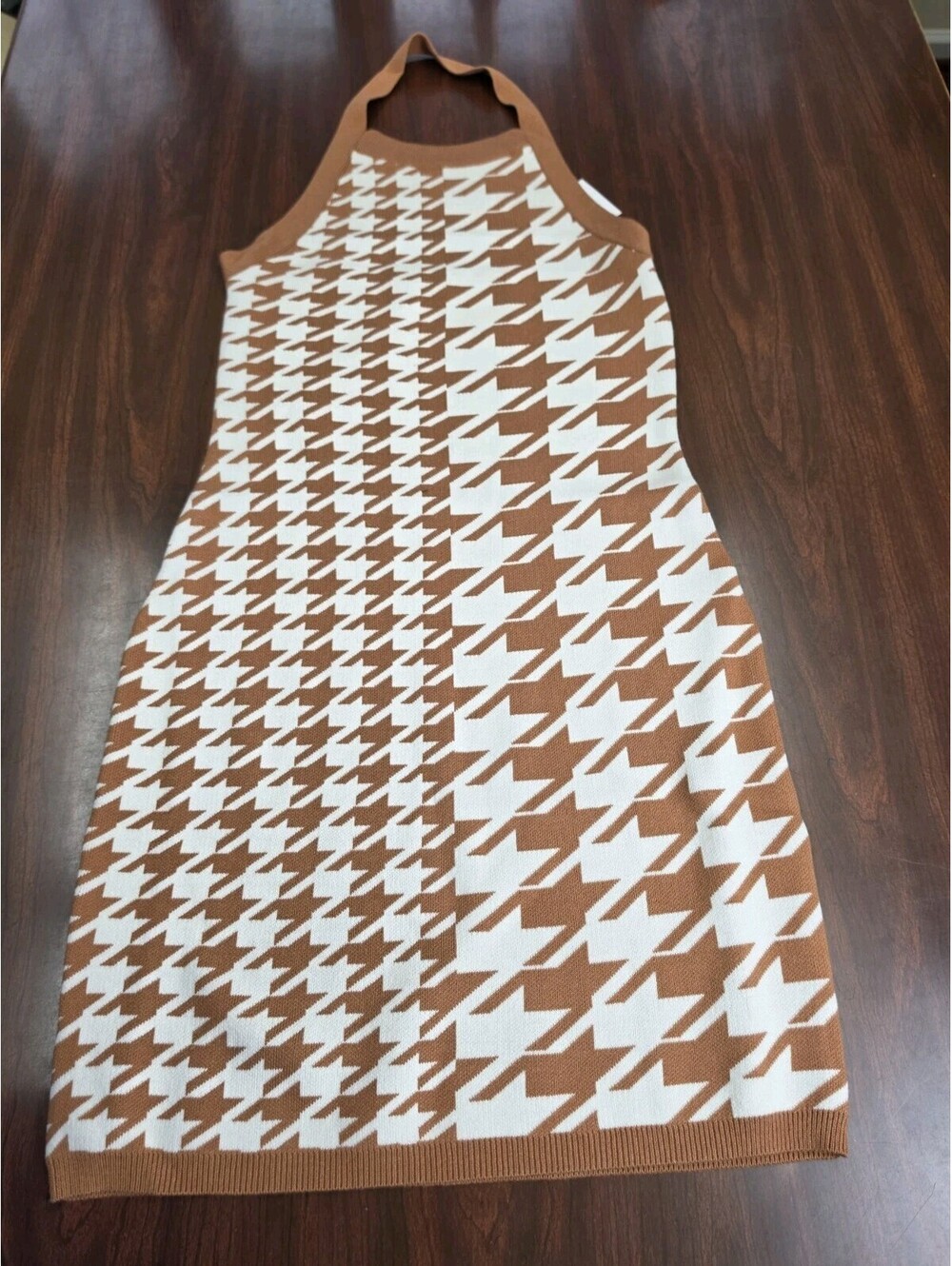 NWT Promesa Medium Camel Brown White Houndstooth Mini Sweater Dress Knit Boho